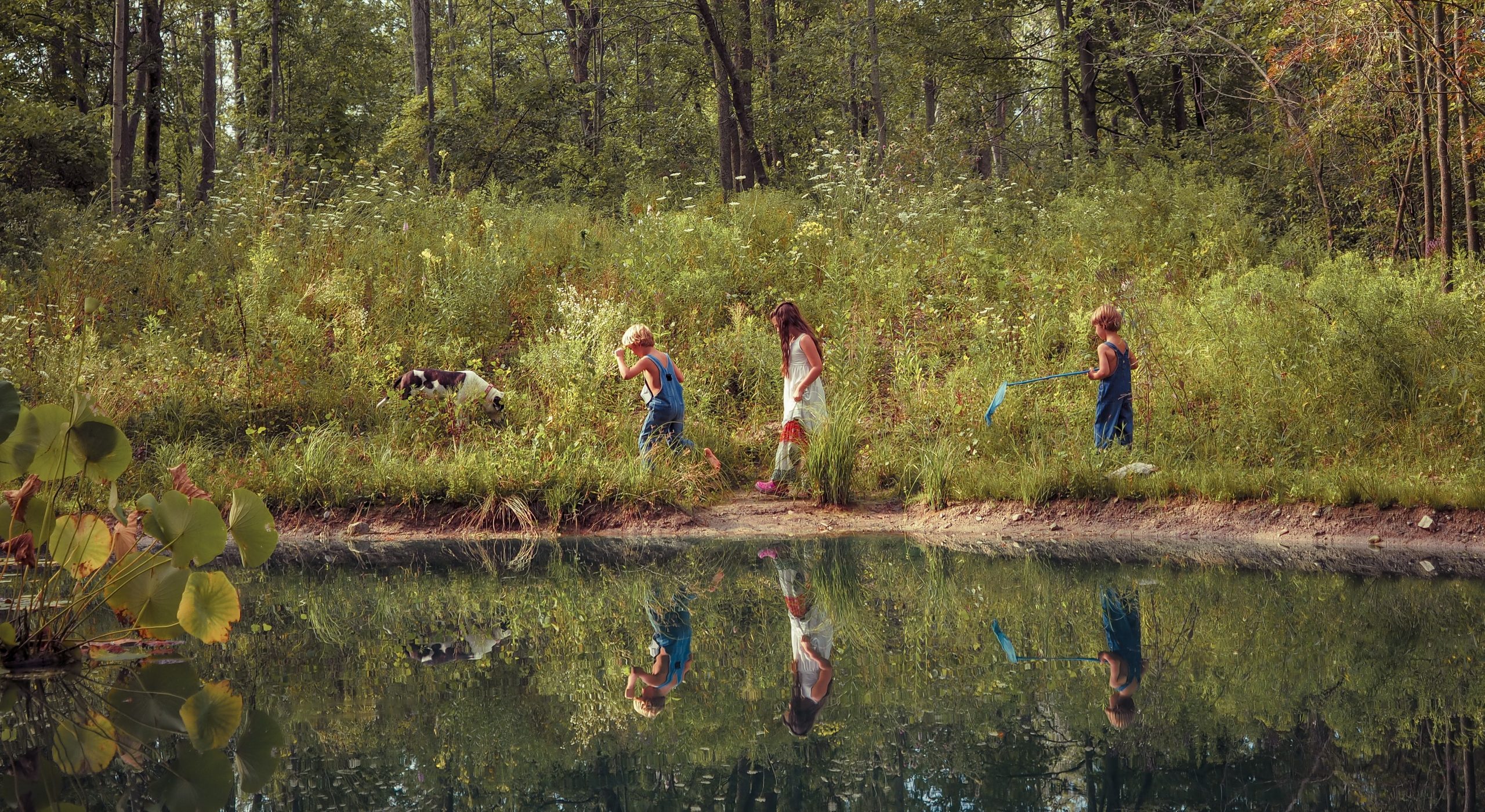 A group of kids walking through a field covered in greenery and reflecting on the lake under sunlight. img src: freepik